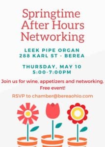 Flier about Networking event Leek Pipe Organ Co. Berea, OH