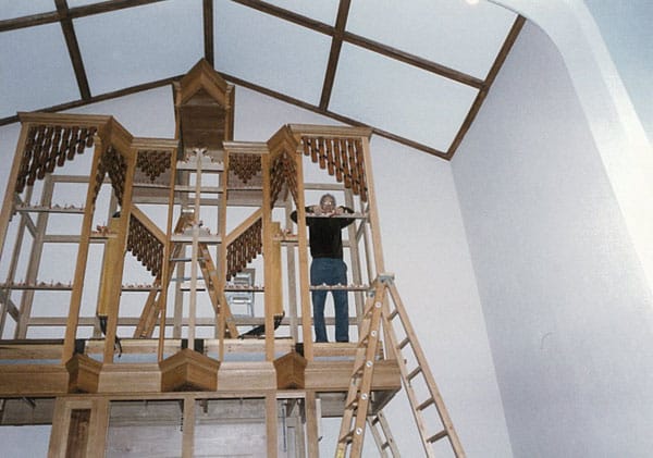 John Leek Installing the tracker pipe organ he built in 1985 at First Presbyterian Church in Bowling Green, Ohio