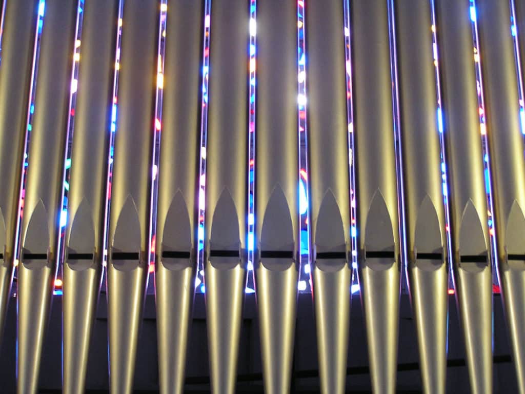 Pipe Organ Facade pipes of Johnson Tracker pipe organ at St. Mary Catholic Church, Elyria, Ohio