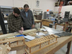 Organ builder James Leek with Technician Joseph Raville, constructing rack board at Leek Pipe Organ Company, Berea, Ohio