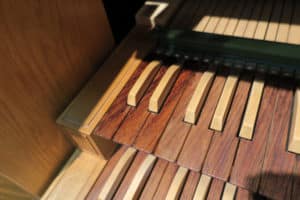 Console wood keys being refinished, Holy Trinity Lutheran Church Berghaus Pipe Organ, Akron Ohio