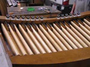 Console pedalboard restoration in progress at Leek Pipe Organ Workshop in Berea, Ohio