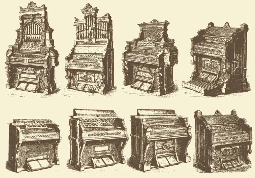 Grayscale sketches of eight historic pipe organs, Portativ Organs, pump organs